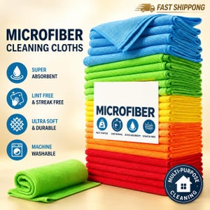 Könnte beinhalten: Ein Stapel gefalteter Mikrofasertücher in Blau, Grün, Gelb, Orange und Rot mit einem weißen Etikett mit der Aufschrift MICROFIBER und Symbolen für Mehrzweck, Staubentfernung, saugstark und kratzfrei sowie einem separaten grünen Tuch.