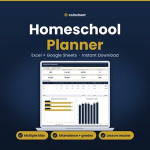 Könnte beinhalten: Ein digitales Homeschool-Planer-Dashboard auf einem Laptop-Bildschirm mit dem Text Coinsheet Homeschool Planner Excel + Google Sheets Instant Download. Enthält Diagramme zur Anwesenheits-, Noten- und Lektionsverfolgung.