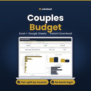 Op de afbeelding: Een digitaal Couples Budget spreadsheet-sjabloon voor Excel en Google Sheets weergegeven op een laptopscherm. Het dashboard bevat financiële gegevens, staafdiagrammen en de tekst "Couples Budget", "Fair split by income" en "No bank login".