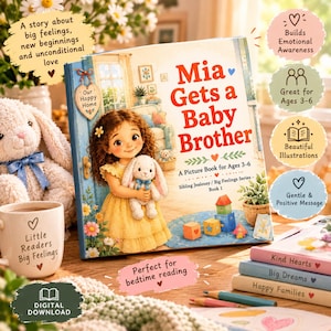 May include: A children's picture book titled Mia Gets a Baby Brother, featuring an illustration of a girl in a yellow dress holding a white plush rabbit. The cover includes text about big feelings, sibling jealousy, and ages 3-6.