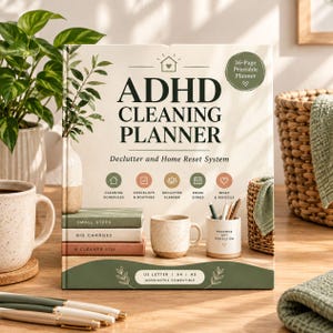 May include: A 36-page printable ADHD Cleaning Planner with a cream cover featuring dark green text, a house icon, and five circular category icons. The cover displays the text Declutter and Home Reset System, US Letter, A4, A5, and Goodnotes Compatible.