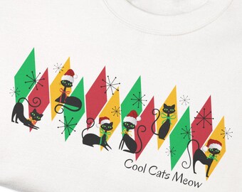 Christmas Retro Cats Meow Family T-shirts Sweatshirts | Vintage Black Cat Holiday Pattern