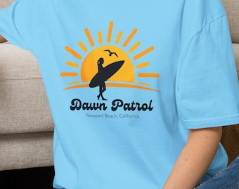 Dawn Patrol Surfer Sunrise T-Shirt | Surfboard Silhouette Coastal Tee
