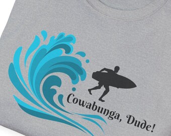 Cowabunga Dude Surf Wave T-Shirt | Surfer Silhouette Beach Tee