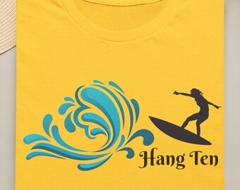Retro Hang Ten Surf Wave T-Shirt | Surfer Silhouette, Ocean Graphic