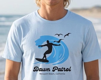 Dawn Patrol Surfing Wave T-Shirt | Surfer Silhouette, Seagulls, Coastal Design