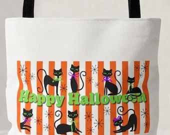 Retro Halloween Tote | Black Cats, Striped Candy Store Vibe