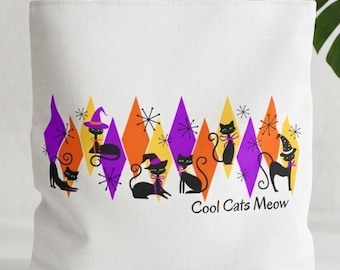 Retro Halloween Tote Bag | Stylized Black Cats, Diamond Shapes (100% Polyester)