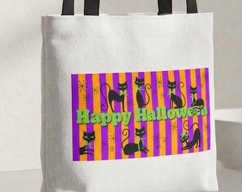 Retro Striped Halloween Tote | Black Cats, Happy Halloween Banner