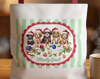 Christmas Puppies Tote Bag | Vintage Puppies Holiday Carry All