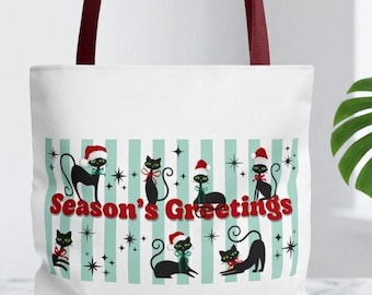 Season's Greetings Black Cats Tote Bag | Retro Christmas Cat Pattern