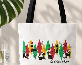 Cats Meow Christmas Tote | Retro Mid-Century Pattern, Durable Polyester Bag