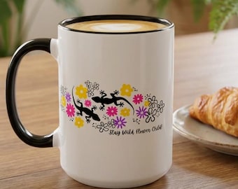 Floral Gecko Pattern Mug | Color Accent Ceramic Coffee Cup 15oz