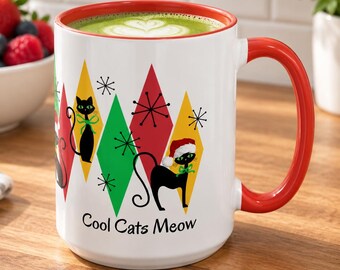 Cool Cats Meow Christmas Mug | Colorful Retro Cat Design