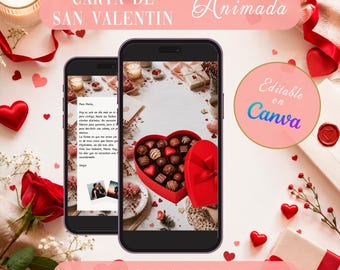 Carta de San Valentín Animada Personalizada | Plantilla Canva Editable | Tarjeta Digital en Formato Vídeo | Regalo Romántico 14 de Febrero