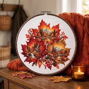 Op de afbeelding: Een ronde houten borduurring met een kruissteekontwerp van drie grote esdoornbladeren in rood-, oranje- en goudtinten. De bladeren bevatten gedetailleerde miniatuurlandschappen van bossen, bergen, een hut en een waterval.