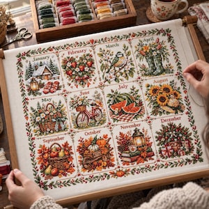 Könnte beinhalten: Ein Kreuzstich-Stickprojekt auf einem Holzrahmen mit zwölf monatlichen Kalenderquadraten. Jedes Quadrat zeigt saisonale Motive wie eine Winterhütte, Frühlingsblumen, Sommersonnenblumen und herbstliche Ernteszenen mit entsprechenden Beschriftungen.