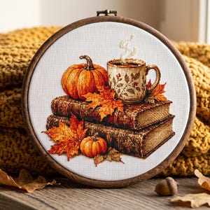 Pode incluir: Um bastidor de bordado circular de madeira contendo um design em ponto cruz de dois livros antigos empilhados, duas abóboras laranja, uma caneca de cerâmica fumegante com padrão de folhas e várias folhas de bordo de outono.
