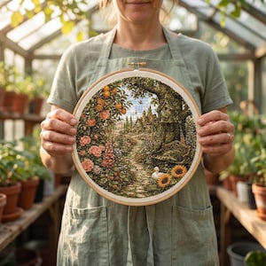 May include: A circular wooden embroidery hoop containing a detailed needlepoint scene of a lush garden path. The design features orange fruit trees, pink flowers, sunflowers, a small white duck, and a stone cottage nestled among dense green foliage.