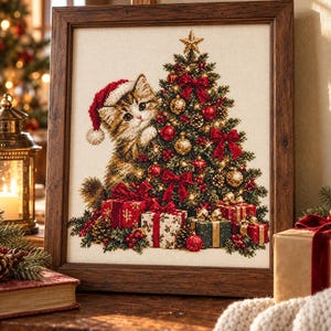 Puede incluir: Un bordado en punto de cruz enmarcado que muestra un gatito atigrado con un gorro de Papá Noel rojo, junto a un árbol de Navidad decorado con lazos rojos, adornos dorados y cajas de regalo sobre una tela de color crema.
