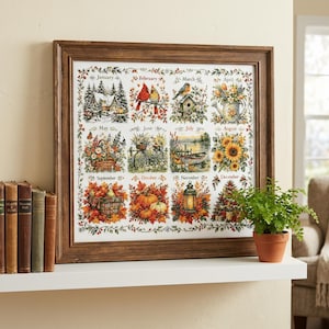 Pode incluir: Uma peça de arte de parede quadrada emoldurada com uma ilustração de calendário sazonal com doze painéis distintos rotulados de janeiro a dezembro, retratando cenas da natureza, flores e motivos festivos em um estilo detalhado.
