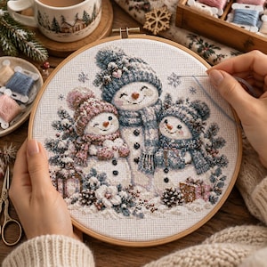 May include: A circular wooden embroidery hoop containing a cross-stitch pattern of three snowmen wearing hats and scarves in shades of blue and pink. The design includes snowflakes, pine branches, and gift boxes on a white Aida fabric background.