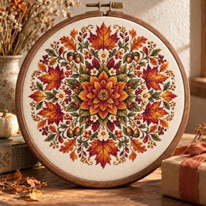 May include: A circular embroidery hoop containing a cross-stitch pattern of a central orange and yellow flower surrounded by a symmetrical arrangement of red and orange maple leaves, small white flowers, green foliage, and brown acorns.
