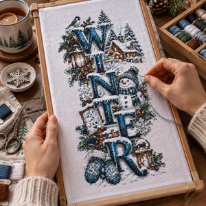 May include: A rectangular embroidery hoop holds white fabric featuring a cross-stitch design of the word WINTER in blue and green letters. The design includes a snowman, pine trees, a small cabin, and a bird, all rendered in detailed thread work.