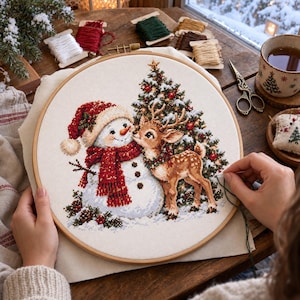 May include: A round wooden embroidery hoop containing a cross-stitch project on white fabric. The design features a snowman wearing a red hat and scarf standing next to a decorated Christmas tree and a small brown deer in the snow.