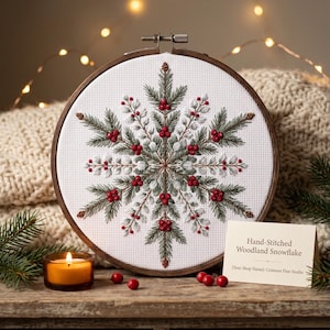 May include: A circular wooden embroidery hoop containing white fabric with a hand-stitched snowflake design made of green pine needles, red berries, and small brown pinecones. A small white card reads Hand-Stitched Woodland Snowflake.