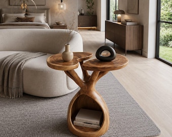 Sculptural Wood End Table Organic Tree Branch Side Table with Storage Modern Wooden Accent Table Unique Living Room Bedside Table