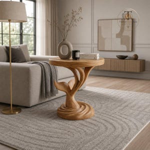 May include: A round wooden side table featuring a sculptural base with a swirling, organic design that resembles a whale tail. The table has a smooth, light-toned wood grain finish and stands on a circular, textured base in a living room setting.