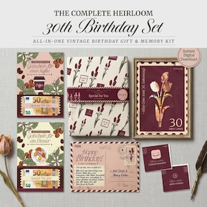 Könnte beinhalten: Ein 30. Geburtstags-Geschenk- und Erinnerungsset mit Gutscheinkarten für Kaffee und Abendessen, einem verpackten Geschenk, einem gerahmten Tulpenbild, einer Geburtstagspostkarte, kleinen quadratischen Karten, einer Tulpe und einer Feder.