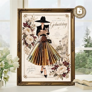 May include: A framed art print featuring a fashion illustration of a person in a black hat, blazer, and a skirt made of folded currency. The person holds a leopard-print cat. Text includes "ALLES LIEBE ZUM GEBURTSTAG" and floral accents.