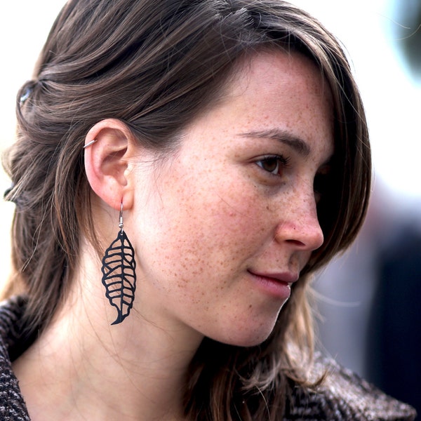 Recycled Leaf Earrings, Upcycled Bike Inner Tube, nature inspired jewelry black and white