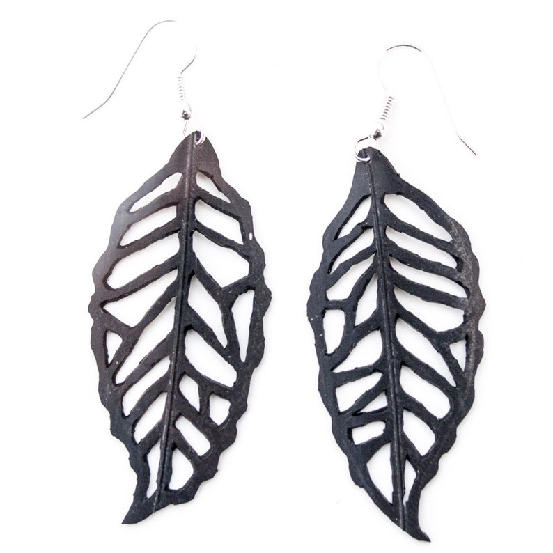 Recycled Leaf Earrings, Upcycled Bike Inner Tube, nature inspired jewelry black and white image 5