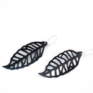 Recycled Leaf Earrings, Upcycled Bike Inner Tube, nature inspired jewelry black and white image 2