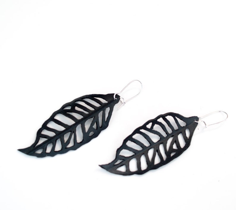 Recycled Leaf Earrings, Upcycled Bike Inner Tube, nature inspired jewelry black and white image 2