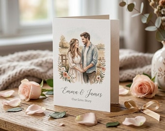 Custom Couple Portrait from Photo, Floral Watercolor Anniversary Gift, Wedding Engagement Illustration, Digital Download