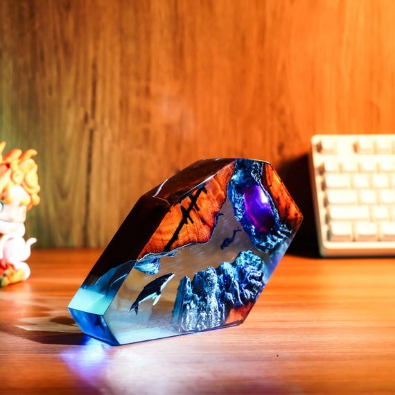 Humpback Whale Resin Lamp | Scuba Diver Ocean Diorama | Epoxy Wood Night Light | Marine Life Art | Unique Gift for Scuba