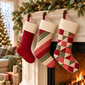 May include: Three Christmas stockings hanging from a white mantel. The first is solid quilted red, the second features diagonal red and green stripes, and the third has a red, green, and cream patchwork quilt pattern. All have cream cuffs.