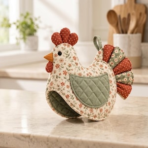 Puede incluir: Una manopla de cocina con forma de gallina hecha de tela color crema con un pequeño estampado floral en naranja y verde. Presenta un ala acolchada de color verde salvia, un pico naranja sólido, una carúncula roja y cresta y plumas de cola con lunares rojos.