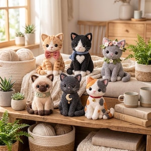 May include: Six crocheted cat figurines in various colours and patterns. One is orange tabby with a bow, one black and white with a heart, one grey with a flower crown, one Siamese, one dark grey with a moon charm, and one calico with a bell.