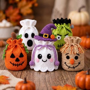 May include: A collection of five crocheted drawstring pouches featuring Halloween-themed designs: an orange pumpkin, a white ghost, a white ghost wearing a purple witch hat, a green monster with black hair, and a tan scarecrow with raffia hair.
