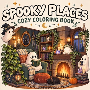 Peut inclure: Un livre de coloriage intitulé Spooky Places Cozy Coloring Book illustrant des fantômes dans une pièce avec une cheminée, des étagères, un fauteuil vert, un chat noir endormi, des citrouilles, des plantes et des lanternes.