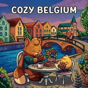 Op de afbeelding: Een kleurrijke illustratie getiteld COZY BELGIUM met een vos en een kleine gele vogel aan een ronde tafel bij een kanaal. Ze eten wafels naast een kopje koffie. Op de achtergrond zijn een stenen brug en Europese gebouwen te zien.
