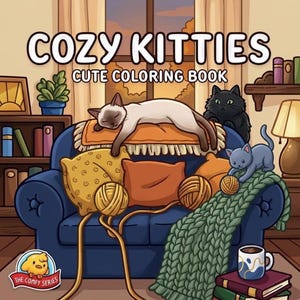 Op de afbeelding: Een kleurboek getiteld COZY KITTIES CUTE COLORING BOOK met een illustratie van een blauwe bank met drie katten, bollen wol, kussens en een groene gebreide deken. Een klein logo THE COMFY SERIES met een geel kuikentje staat in de hoek.