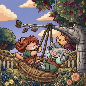 May include: A cartoon illustration of a brown cat and a grey and white cow sitting on a tyre swing hanging from a tree branch. A small yellow chick sits on the cow's head. The scene includes a white picket fence, blue and pink flowers, and clouds.