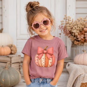 T-shirt bébé citrouille patchwork avec nœud | T-shirt citrouille d'automne pour filles