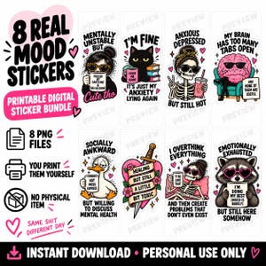 Puede incluir: Un paquete de pegatinas digitales con ocho diseños que incluyen texto humorístico e ilustraciones, como una persona con una taza de café, un gato negro, un esqueleto, un cerebro, un pato, un corazón con una espada, un esqueleto en cama y un mapache.